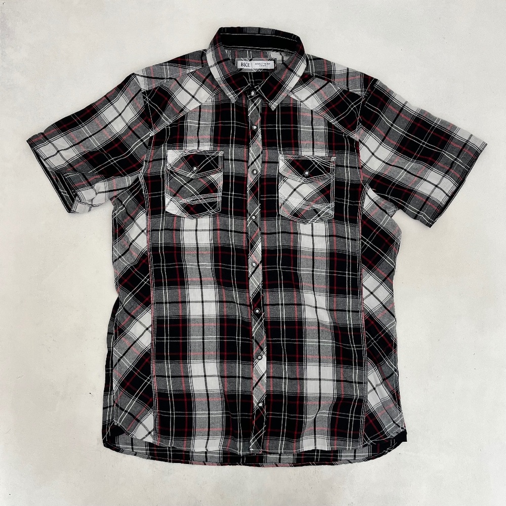 Bke Mens Large‎ Button Up Shirt Black White Plaid Athletic Fit Short Sleeve